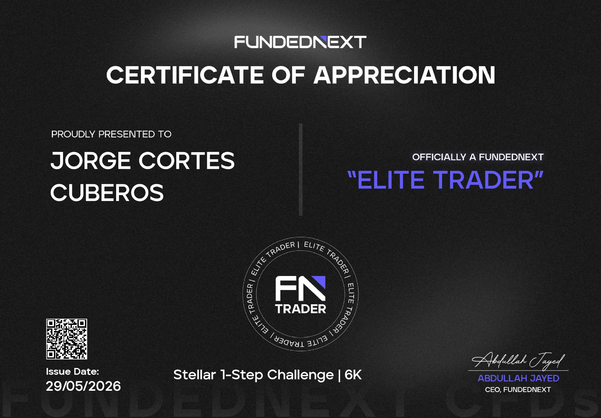 Certificado FundedNext Elite Trader - Jorge Cortez Cuberos